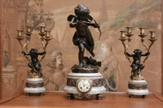 3 pc bronze and marble clock set signed HOUDON