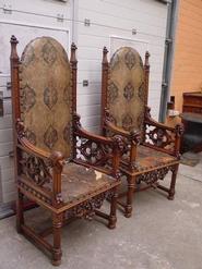THE BEST PAIR OF WALNUT GOTHIC ARM CHAIRS 19TH CENTURY 29 W X 63 T X 23 D(inch)