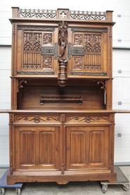 Walnut gothic cabinet with statue 19th century 58 w x 96 t x 23.5 d inch