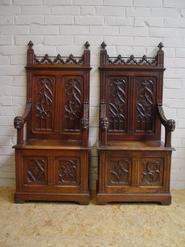 pair of oak gothic hall benches