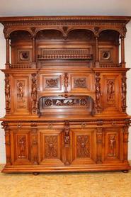Monumental walnut figural renaissance cabinet and server 19th century