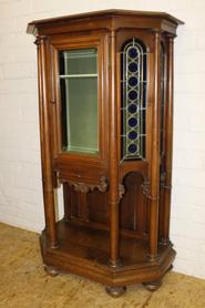 Walnut renaissance display cabinet with stain glass 19th century