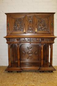 Walnut figural renaissance cabinet with marble inlay 19th century