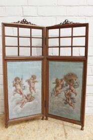 Walnut Louis XVI screen with painted angels on canvas 19th century