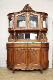 Walnut 8 door Louis XV bombay cabinet with marble and beveled glass circa 1900