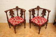 Pair walnut Renaissance corner arm chairs 19th century