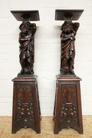 Great pair of walnut figural Henri II pedestals 19th century