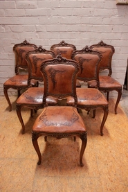 6 walnut and leather Louis XV style dinning chairs