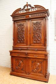 Monumental walnut Henri II cabinet + server + mirror 19th century