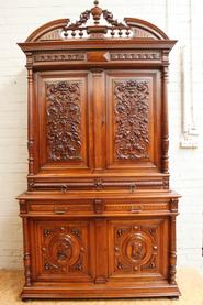 Monumental solid walnut Henr II cabinet + server + mirror 19th century