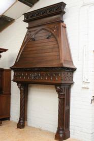 EXCEPTIONAL MONUMENTAL WALNUT GOTHIC FIRE MANTLE 19TH CENTURY