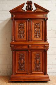 Walnut renaissance cabinet with marble inlay and safe inside 19th century