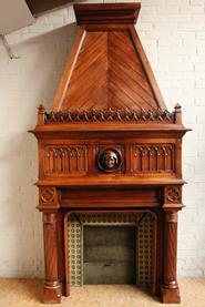 Monumental walnut gothic fire mantle 19th century