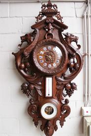 Big oak hunt wall clock/thermometer and barometer 19th century