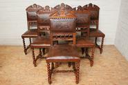 Set of 6 walnut renaissance chairs with perfect leather 19th century