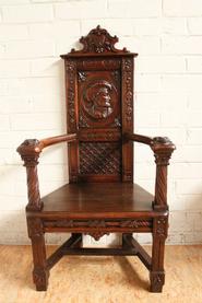 Oak Renaissance arm chair signed by maker 19th century