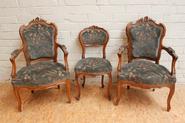 2 Walnut Louis XV arm chairs and 1 chair 19th century