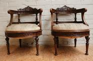 Pair walnut Henri II arm chairs 19th century