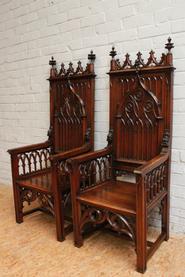 Pair monumental walnut Gothic arm chairs 19th century