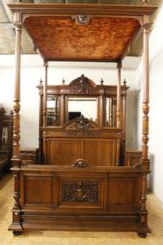 4Pc monumental walnut Henri II bedroom set with very large canopy bed  19th century