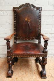 Walnut arm chair with leather 19 th century
