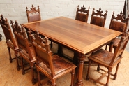 8 Exceptional walnut gothic chairs and table