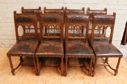8 Walnut Henri II chairs with print leather