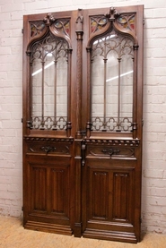 Exceptional gothic style castle entrance door in solid walnut