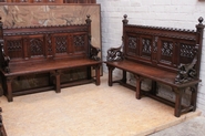 Exceptional pair gothic style benches in oak