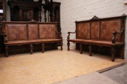 Exceptional pair Regency style hall benches in walnut and leather