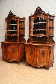 Exceptional pair walnut Louis XV bombe display cabinets signed by A. ROSSEELS LOUVAIN