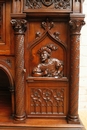 Gothic style Exceptional walnut gothic cabinet with paint glass doors in Walnut, France 19th century