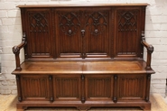Gothic Hall bench in walnut signed BELLANGER
