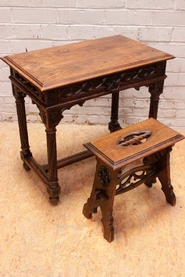 Gothic style desk table and stool in oak