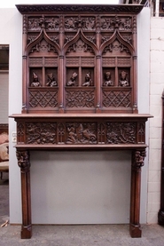Monumental gothic style fire mantle in oak