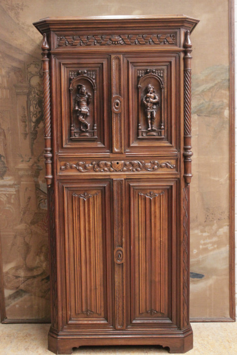 Narrow Figural Gothic Style Cabinet Signed By The Maker Cabinets