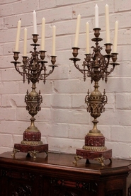 Pair gothic style candelabras in bronze with red marble