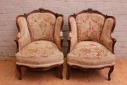 Pair Louis XV bergeres in walnut with Aubusson tapistry