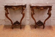 Pair Louis XV style wall consoles in walnut