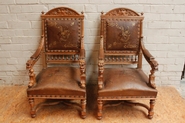 Pair walnut renaissance arm chairs with perfect leather