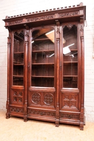 Quality 3 door gothic style bookcase in walnut