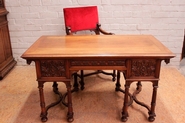 Renaissance style desk and arm chair in walnut signed BELLANGER