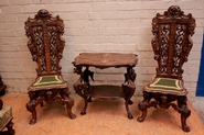 Renaissance style table and 2 chairs in walnut