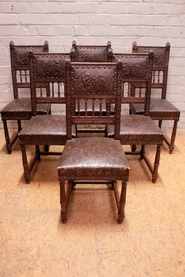 Set of 6 renaissance style chairs in oak signed GOUMAIN 
