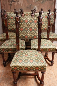 set of 6 walnut figural renaissance chairs