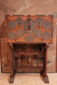 Spanish style cabinet in walnut with cordoba leather signed GOUMAIN PARIS