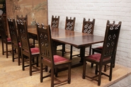 Walnut gothic parqueteri top table and 10 chairs signed GOUFFE