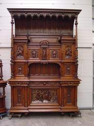 MONUMENTAL 22 PC SOLID WALNUT RENAISANCE FRENCH DINNING SET 19TH CENTURY CABINET IS 126 INCH TALL