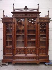 MONUMENTAL FRENCH WALNUT GOTHIC 4 DOOR BOOKCASE 19 TH CENTURY