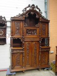 french walnut henri II cabinet + server +clock 19th century